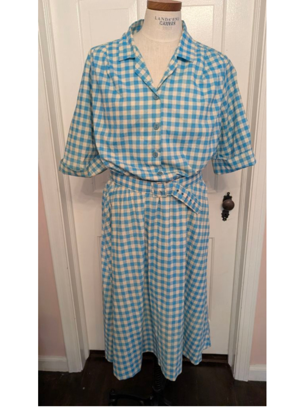 Vintage 70s Blair Blue White Gingham Check Dress L